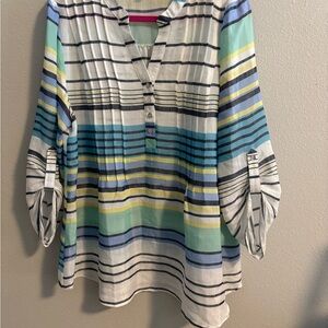 Green and Blue Pleated Tunic with Puff Sleeves